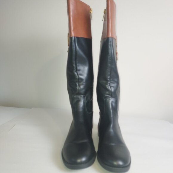 Tommy Hilfiger blk/brown faux leather almond toe knee high riding boot. - Picture 3 of 7